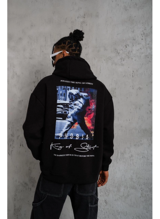 Erkek 3 İplik Pamuklu Kapüşonlu Baskılı Cepli Oversize Sweatshirt Hoodie - Siyah Erkek 3 İplik Pamuklu Kapüşonlu Baskılı Cepli Oversize Sweatshirt Hoodie - Siyah