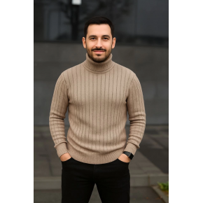 Erkek Tam Boğazlı Balıkçı Yaka Triko Kazak Kalın Fitilli - Bej
