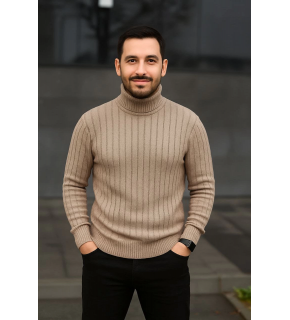 Erkek Tam Boğazlı Balıkçı Yaka Triko Kazak Kalın Fitilli - Bej