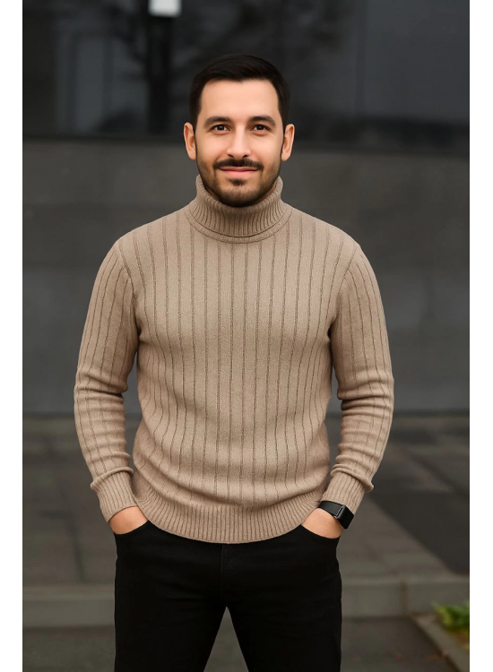 Erkek Tam Boğazlı Balıkçı Yaka Triko Kazak Kalın Fitilli - Bej Erkek Tam Boğazlı Balıkçı Yaka Triko Kazak Kalın Fitilli - Bej