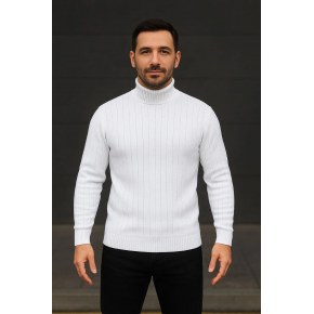 Erkek Tam Boğazlı Balıkçı Yaka Triko Kazak Kalın Fitilli - Beyaz