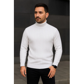 Erkek Tam Boğazlı Balıkçı Yaka Triko Kazak Kalın Fitilli - Beyaz
