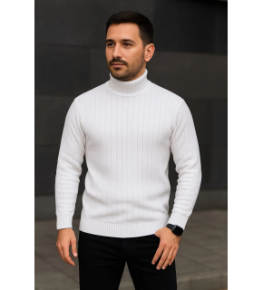 Erkek Tam Boğazlı Balıkçı Yaka Triko Kazak Kalın Fitilli - Beyaz