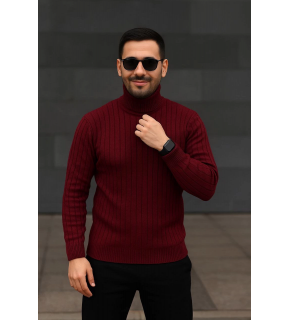 Erkek Tam Boğazlı Balıkçı Yaka Triko Kazak Kalın Fitilli - Bordo