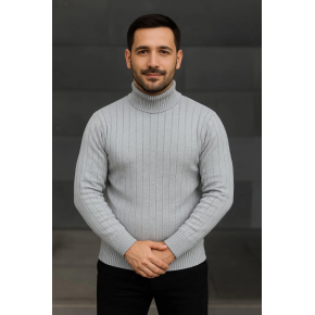 Erkek Tam Boğazlı Balıkçı Yaka Triko Kazak Kalın Fitilli -  Gri