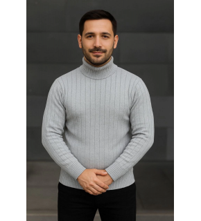 Erkek Tam Boğazlı Balıkçı Yaka Triko Kazak Kalın Fitilli -  Gri