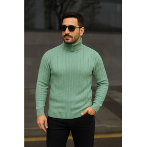 Erkek Tam Boğazlı Balıkçı Yaka Triko Kazak Kalın Fitilli - Mint Yeşili