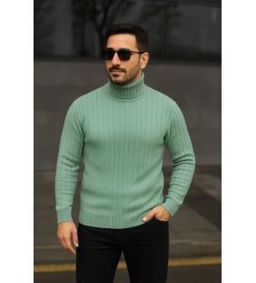 Erkek Tam Boğazlı Balıkçı Yaka Triko Kazak Kalın Fitilli - Mint Yeşili