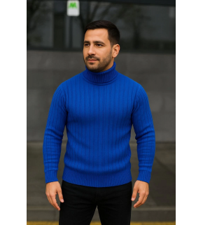 Erkek Tam Boğazlı Balıkçı Yaka Triko Kazak Kalın Fitilli - Saks Mavisi