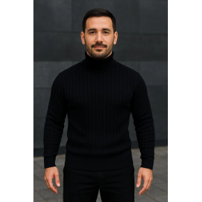 Erkek Tam Boğazlı Balıkçı Yaka Triko Kazak Kalın Fitilli - Siyah