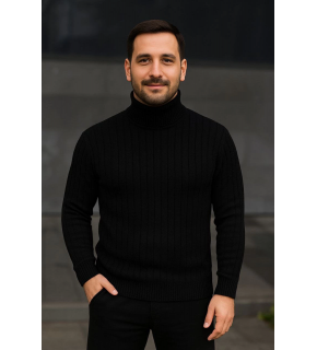 Erkek Tam Boğazlı Balıkçı Yaka Triko Kazak Kalın Fitilli - Siyah