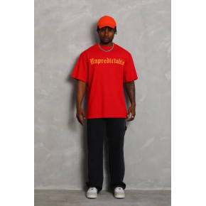 Erkek Baskılı Tişört Kısa Kol Bisiklet Yaka Oversize T-Shirt - Kırmızı