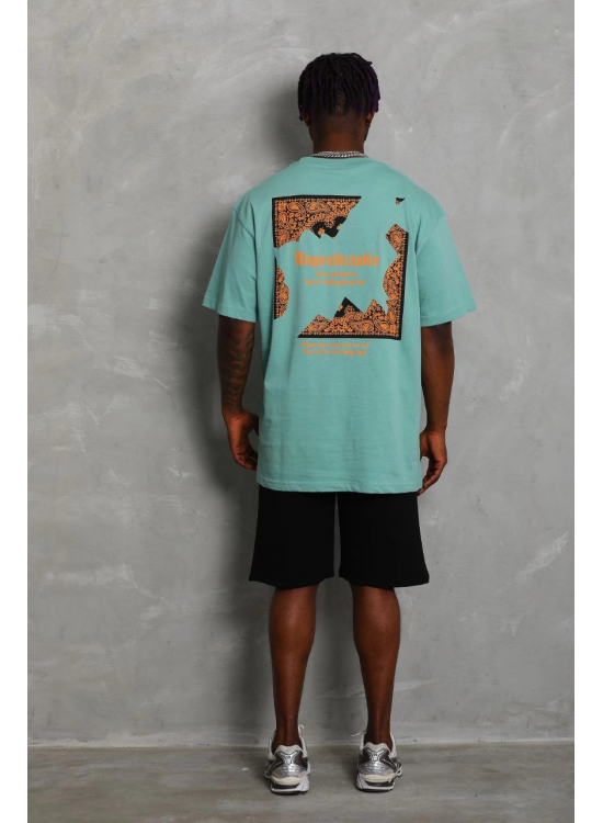 Erkek Baskılı Tişört Kısa Kol Bisiklet Yaka Oversize T-Shirt - Mint Yeşili