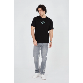 Erkek Baskılı T-Shirt Kısa Kol Bisiklet Yaka Regular Fit Rahat Kalıp Günlük Tişört - Siyah