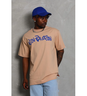Erkek Baskılı Tişört Kısa Kol Bisiklet Yaka Oversize T-Shirt - Bej
