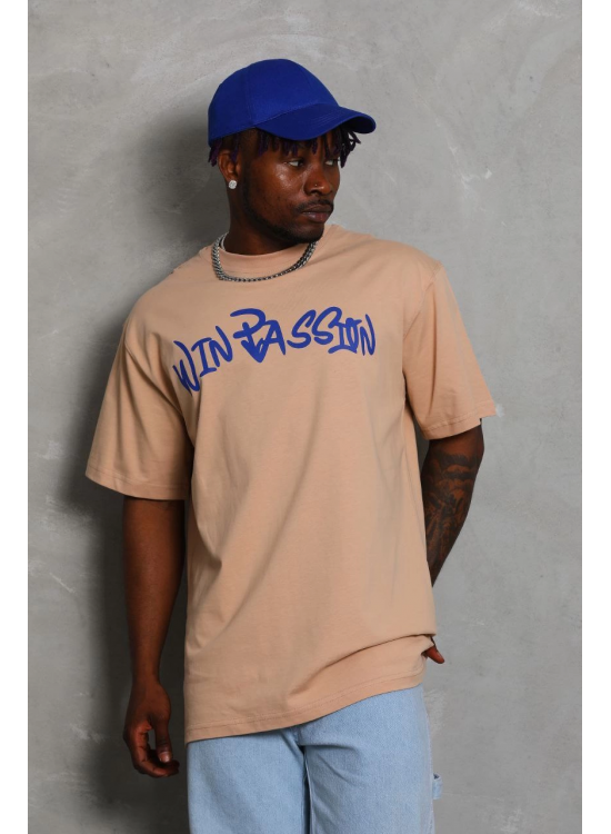Erkek Baskılı Tişört Kısa Kol Bisiklet Yaka Oversize T-Shirt - Bej