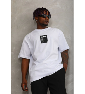 Erkek Kısa Kol Yazlık Tişört Bisiklet Yaka Baskılı Oversize T-Shirt - Beyaz