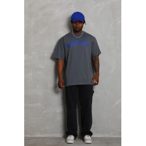 Erkek Baskılı Tişort Kısa Kol Bisiklet Yaka Oversize T-Shirt - Füme