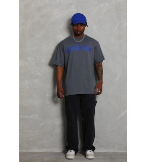 Erkek Baskılı Tişort Kısa Kol Bisiklet Yaka Oversize T-Shirt - Füme
