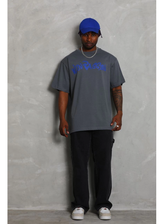 Erkek Baskılı Tişort Kısa Kol Bisiklet Yaka Oversize T-Shirt - Füme Erkek Baskılı Tişort Kısa Kol Bisiklet Yaka Oversize T-Shirt - Füme