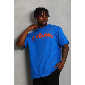 Erkek Baskılı Tişört Kısa Kol Bisiklet Yaka Oversize T-Shirt - Mavi
