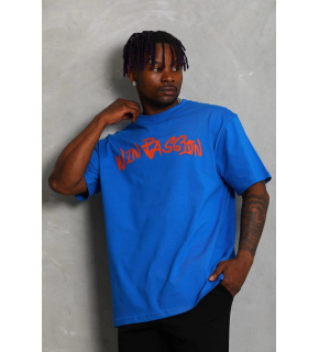 Erkek Baskılı Tişört Kısa Kol Bisiklet Yaka Oversize T-Shirt - Mavi