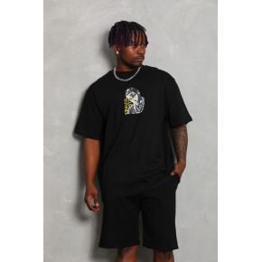 Erkek Baskılı Tişört Kısa Kol Bisiklet Yaka Oversize T-Shirt - Siyah