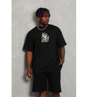 Erkek Baskılı Tişört Kısa Kol Bisiklet Yaka Oversize T-Shirt - Siyah