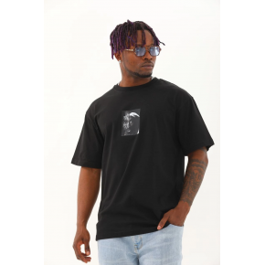 Erkek Kısa Kol Yazlık Tişört Bisiklet Yaka Baskılı Oversize T-Shirt - Siyah