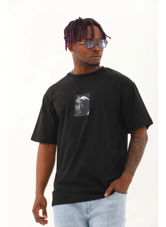 Erkek Kısa Kol Yazlık Tişört Bisiklet Yaka Baskılı Oversize T-Shirt - Siyah