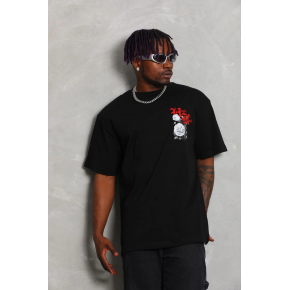 Erkek Kısa Kol Yazlık Tişört Bisiklet Yaka Baskılı Oversize T-Shirt - Siyah