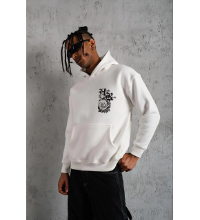 Erkek 3 İplik Pamuklu Kapüşonlu Baskılı Cepli Oversize Sweatshirt Hoodie - Beyaz