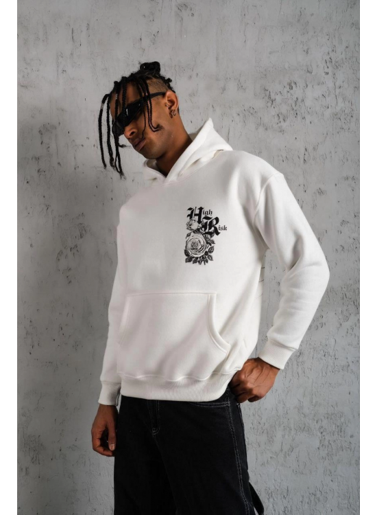 Erkek 3 İplik Pamuklu Kapüşonlu Baskılı Cepli Oversize Sweatshirt Hoodie - Beyaz Erkek 3 İplik Pamuklu Kapüşonlu Baskılı Cepli Oversize Sweatshirt Hoodie - Beyaz