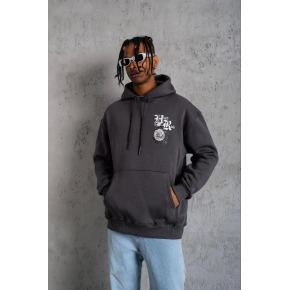 Erkek 3 İplik Pamuklu Kapüşonlu Baskılı Cepli Oversize Sweatshirt Hoodie - Füme