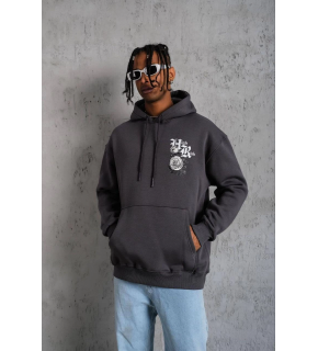 Erkek 3 İplik Pamuklu Kapüşonlu Baskılı Cepli Oversize Sweatshirt Hoodie - Füme