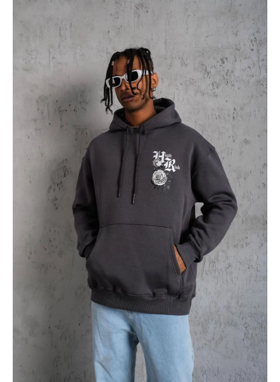 Erkek 3 İplik Pamuklu Kapüşonlu Baskılı Cepli Oversize Sweatshirt Hoodie - Füme Erkek 3 İplik Pamuklu Kapüşonlu Baskılı Cepli Oversize Sweatshirt Hoodie - Füme
