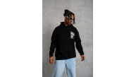 Erkek 3 İplik Pamuklu Kapüşonlu Baskılı Cepli Oversize Sweatshirt Hoodie - Siyah