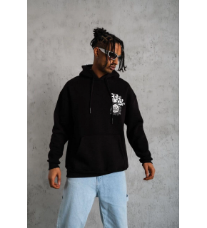 Erkek 3 İplik Pamuklu Kapüşonlu Baskılı Cepli Oversize Sweatshirt Hoodie - Siyah