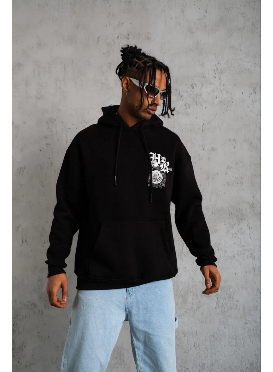 Erkek 3 İplik Pamuklu Kapüşonlu Baskılı Cepli Oversize Sweatshirt Hoodie - Siyah