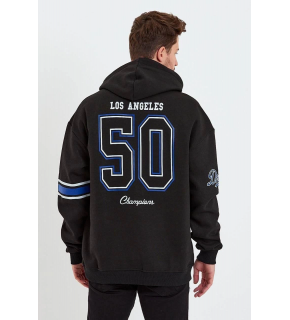 Erkek 3 İplik Pamuklu Kapüşonlu Baskılı Cepli Oversize Sweatshirt Hoodie - Siyah