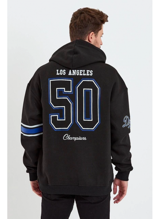 Erkek 3 İplik Pamuklu Kapüşonlu Baskılı Cepli Oversize Sweatshirt Hoodie - Siyah Erkek 3 İplik Pamuklu Kapüşonlu Baskılı Cepli Oversize Sweatshirt Hoodie - Siyah