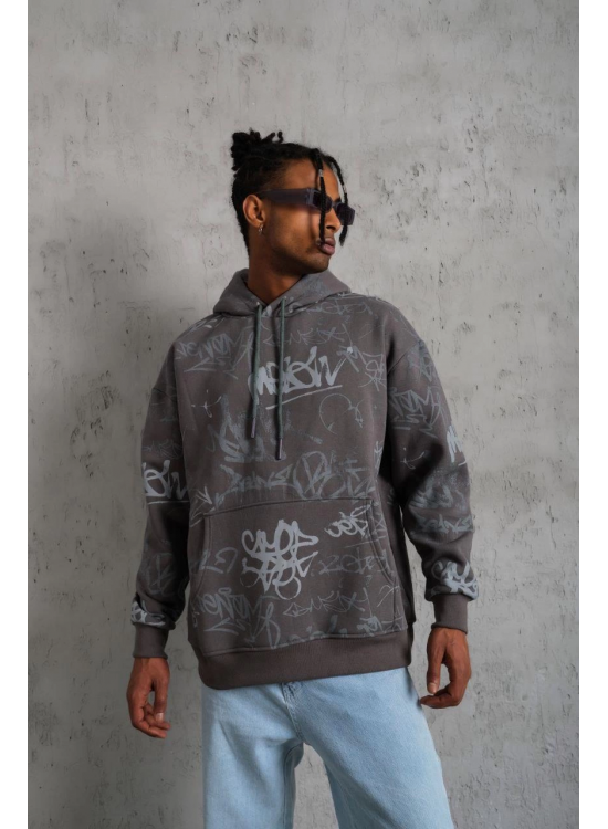 Erkek 3 İplik Pamuklu Kapüşonlu Kanguru Cepli Sweatshirt Hoodie - Gri Erkek 3 İplik Pamuklu Kapüşonlu Kanguru Cepli Sweatshirt Hoodie - Gri