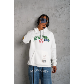 Erkek 3 İplik Pamuklu Kapüşonlu Baskılı Cepli Oversize Sweatshirt Hoodie - Beyaz