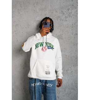 Erkek 3 İplik Pamuklu Kapüşonlu Baskılı Cepli Oversize Sweatshirt Hoodie - Beyaz