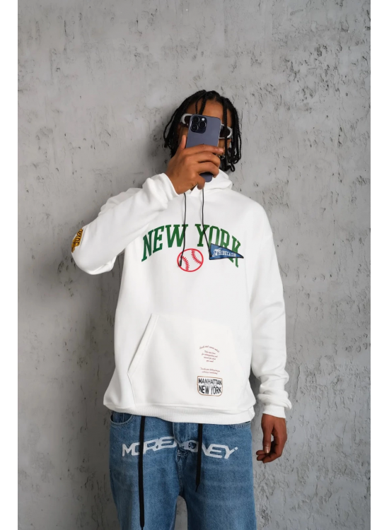 Erkek 3 İplik Pamuklu Kapüşonlu Baskılı Cepli Oversize Sweatshirt Hoodie - Beyaz Erkek 3 İplik Pamuklu Kapüşonlu Baskılı Cepli Oversize Sweatshirt Hoodie - Beyaz