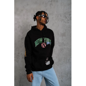 Erkek 3 İplik Pamuklu Kapüşonlu Baskılı Cepli Oversize Sweatshirt Hoodie - Siyah