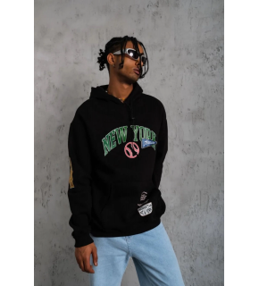 Erkek 3 İplik Pamuklu Kapüşonlu Baskılı Cepli Oversize Sweatshirt Hoodie - Siyah