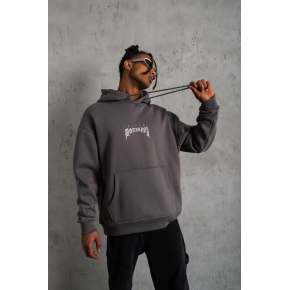Erkek 3 İplik Pamuklu Kapüşonlu Baskılı Cepli Oversize Sweatshirt Hoodie - Gri