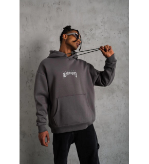 Erkek 3 İplik Pamuklu Kapüşonlu Baskılı Cepli Oversize Sweatshirt Hoodie - Gri