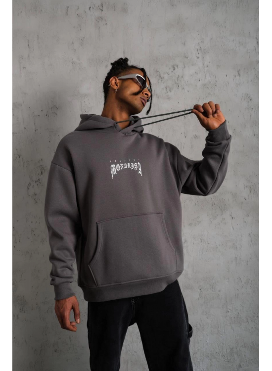 Erkek 3 İplik Pamuklu Kapüşonlu Baskılı Cepli Oversize Sweatshirt Hoodie - Gri Erkek 3 İplik Pamuklu Kapüşonlu Baskılı Cepli Oversize Sweatshirt Hoodie - Gri